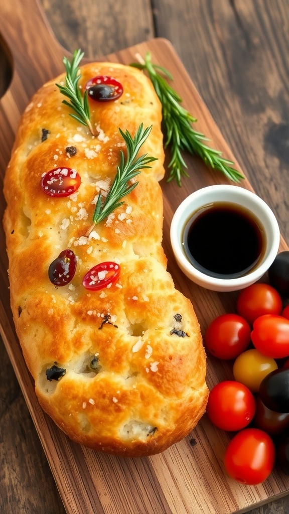 Herb Focaccia Bread with Dips Freshly baked focaccia bread with rosemary and sea salt on a wooden board, served with olive oil and balsamic vinegar.